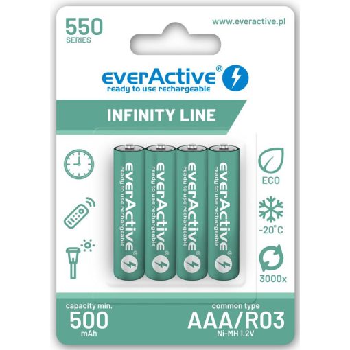everActive R03/AAA Ni-MH 550 mAh polnilne baterije, pripravljene za uporabo, 4 kos