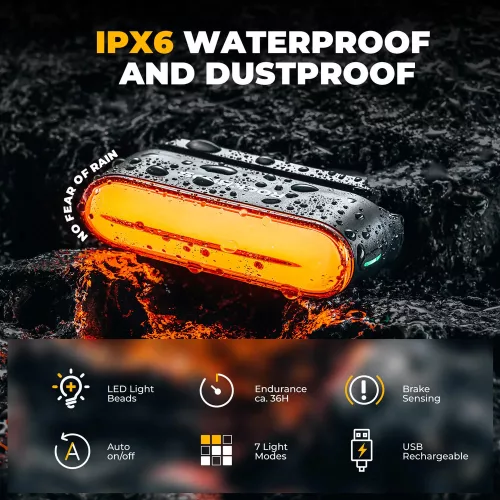 ROCKBROS 24120009001 zadnja luč za kolo s senzorjem zaviranja, magnetnim pritrjevanjem, 7 načini osvetlitve, USB polnjenje, vodoodporna IPX6