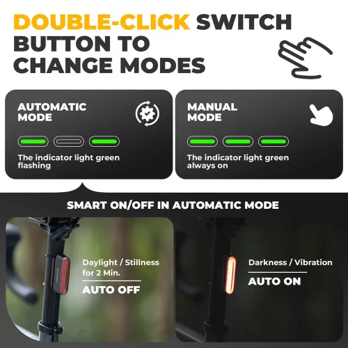 ROCKBROS 24120009001 zadnja luč za kolo s senzorjem zaviranja, magnetnim pritrjevanjem, 7 načini osvetlitve, USB polnjenje, vodoodporna IPX6