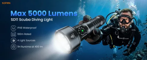 Sofirn SD11 potapljaška svetilka, 5000LM, CRI 90, polnilna vodoodporna svetilka z 660NM rdečo lučjo, 3000K-6500K, USB-C, IPX8, z 1/4" navojem, paščkom, za podvodno fotografijo, ribolov, delo v vodi